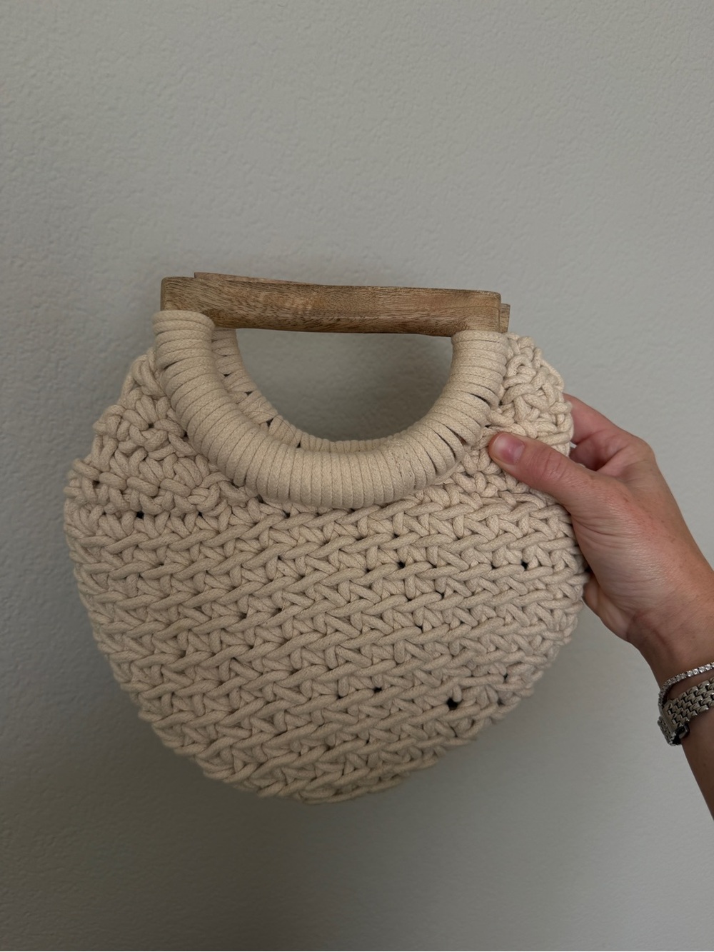 a new day Cream Handwoven Round Bag with Wooden Handle